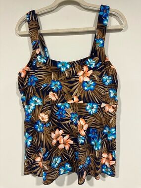 Lands' End Women's Flutter Scoop Neck Tankini Swimsuit Size L 14-16 Tropic Palms
